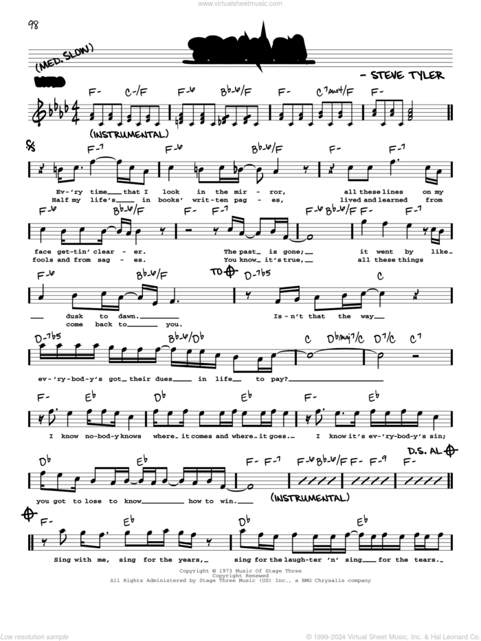 Dream On sheet music for voice and other instruments (real book with lyrics) by Aerosmith and Steven Tyler, intermediate skill level