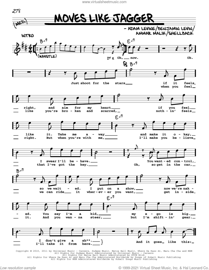 Moves Like Jagger (feat. Christina Aguilera) sheet music for voice and other instruments (real book with lyrics) by Maroon 5, Adam Levine, Ammar Malik, Benjamin Levin and Shellback, intermediate skill level