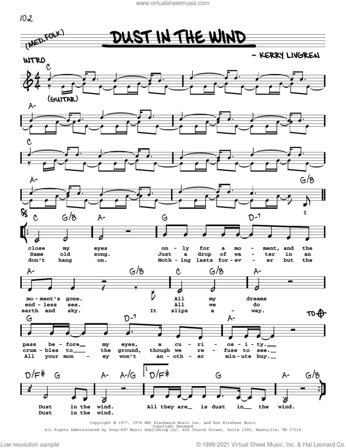 Dust In The Wind sheet music for voice and other instruments (real book with lyrics) by Kansas and Kerry Livgren, intermediate skill level