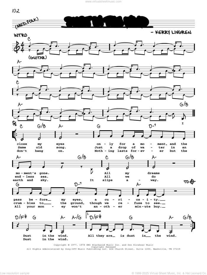 Dust In The Wind sheet music for voice and other instruments (real book with lyrics) by Kansas and Kerry Livgren, intermediate skill level