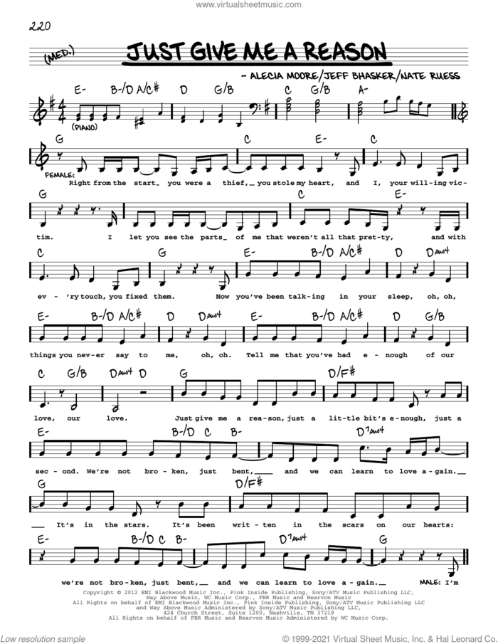 Just Give Me A Reason (feat. Nate Ruess) sheet music for voice and other instruments (real book with lyrics) by P!nk, Alecia Moore, Jeff Bhasker and Nate Ruess, intermediate skill level
