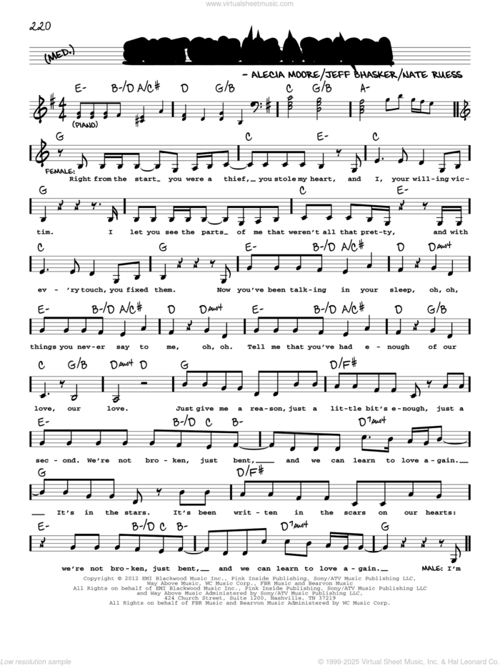 Just Give Me A Reason (feat. Nate Ruess) sheet music for voice and other instruments (real book with lyrics) by P!nk, Alecia Moore, Jeff Bhasker and Nate Ruess, intermediate skill level