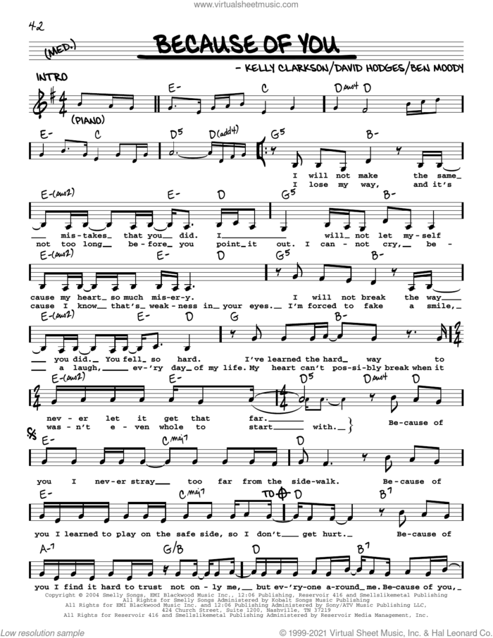 Because Of You sheet music for voice and other instruments (real book with lyrics) by Kelly Clarkson, Ben Moody and David Hodges, intermediate skill level