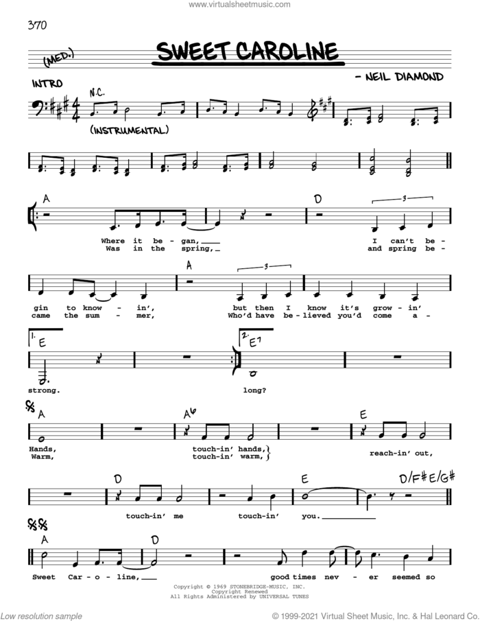 Sweet Caroline sheet music for voice and other instruments (real book with lyrics) by Neil Diamond, intermediate skill level