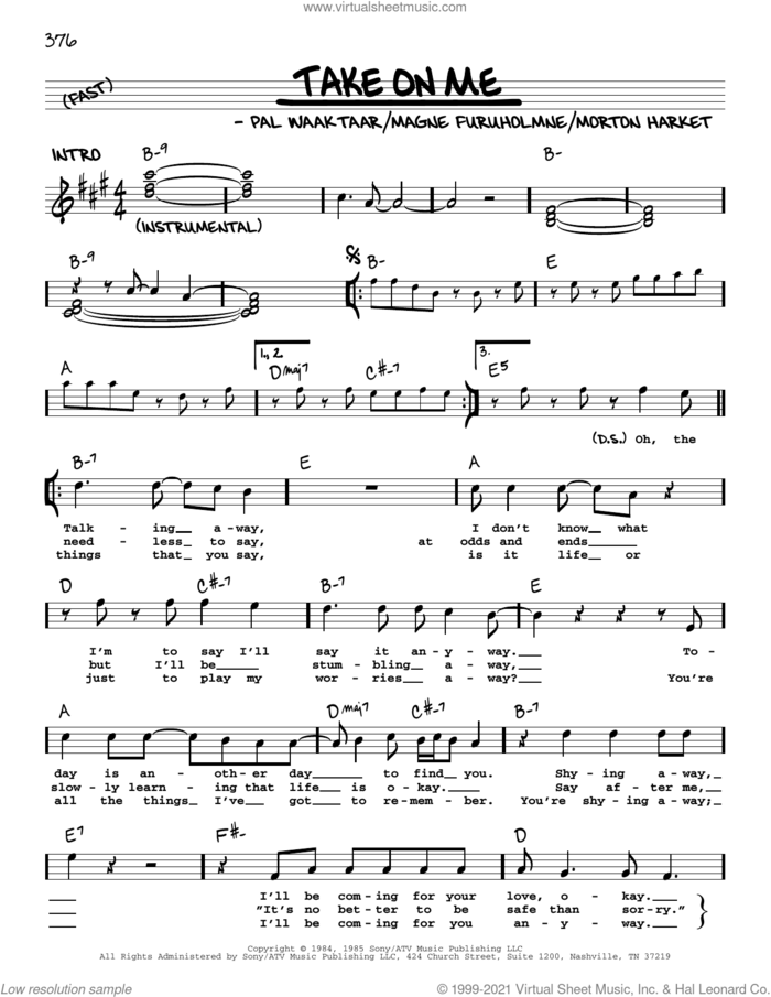 Take On Me sheet music for voice and other instruments (real book with lyrics) by a-ha, Magne Furuholmne, Morton Harket and Pal Waaktaar, intermediate skill level