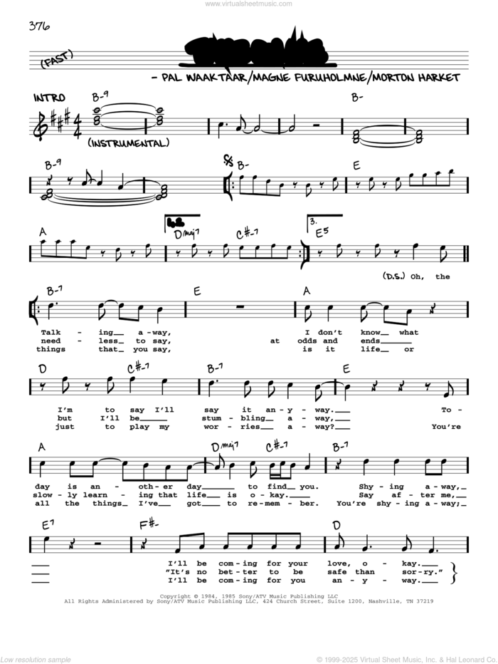 Take On Me sheet music for voice and other instruments (real book with lyrics) by a-ha, Magne Furuholmne, Morton Harket and Pal Waaktaar, intermediate skill level