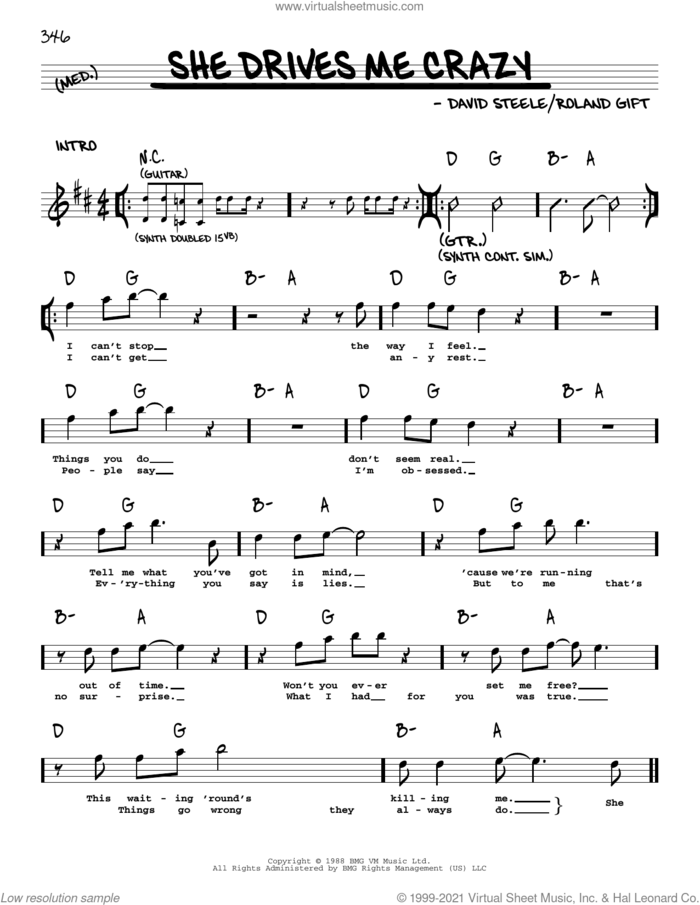 She Drives Me Crazy sheet music for voice and other instruments (real book with lyrics) by Fine Young Cannibals, David Steele and Roland Gift, intermediate skill level