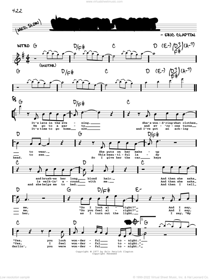 Wonderful Tonight sheet music for voice and other instruments (real book with lyrics) by Eric Clapton, wedding score, intermediate skill level