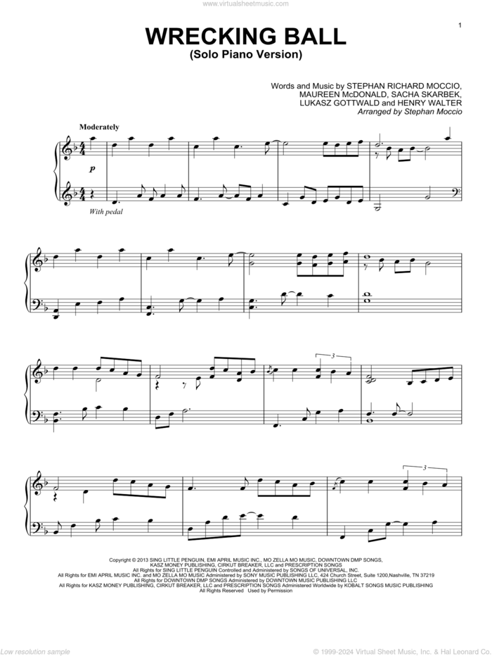 Wrecking Ball (Solo Piano Version) (arr. Stephan Moccio) sheet music for piano solo by Miley Cyrus, Henry Walter, Lukasz Gottwald, Maureen McDonald, Sacha Skarbek and Stephan Richard Moccio, intermediate skill level