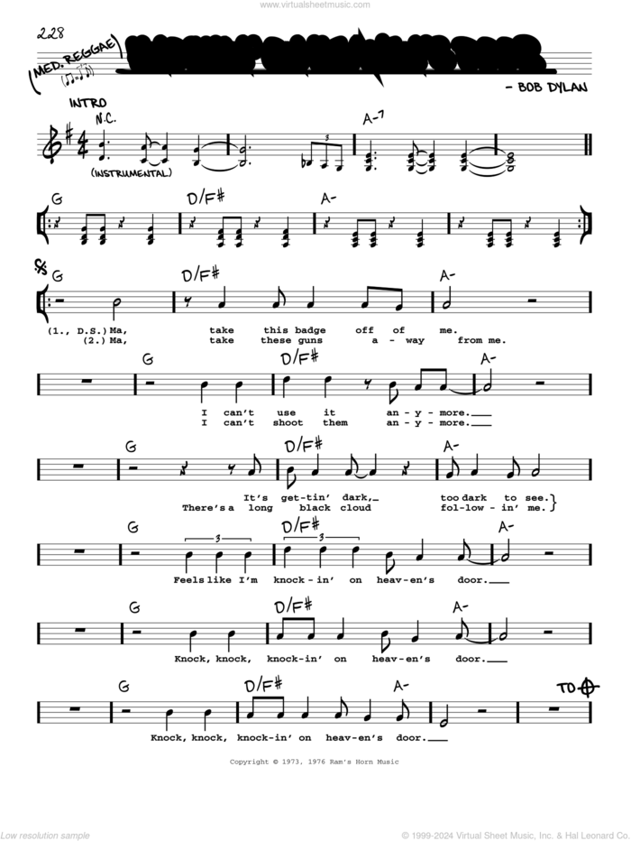 Knockin' On Heaven's Door sheet music for voice and other instruments (real book with lyrics) by Bob Dylan and Eric Clapton, intermediate skill level