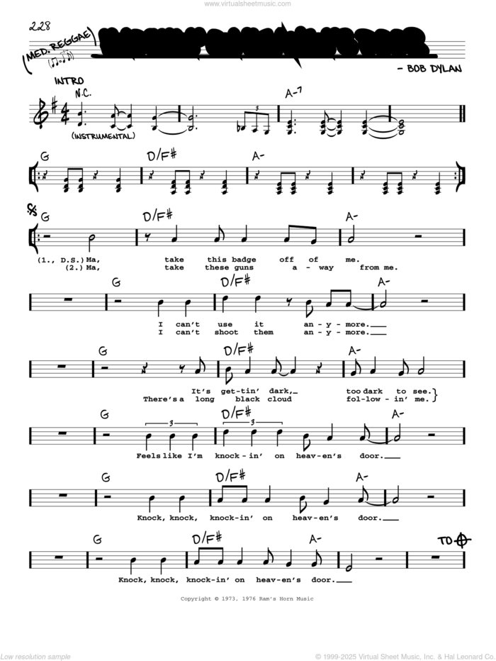 Knockin' On Heaven's Door sheet music for voice and other instruments (real book with lyrics) by Bob Dylan and Eric Clapton, intermediate skill level