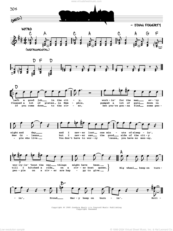 Proud Mary sheet music for voice and other instruments (real book with lyrics) by Ike & Tina Turner, Creedence Clearwater Revival and John Fogerty, intermediate skill level
