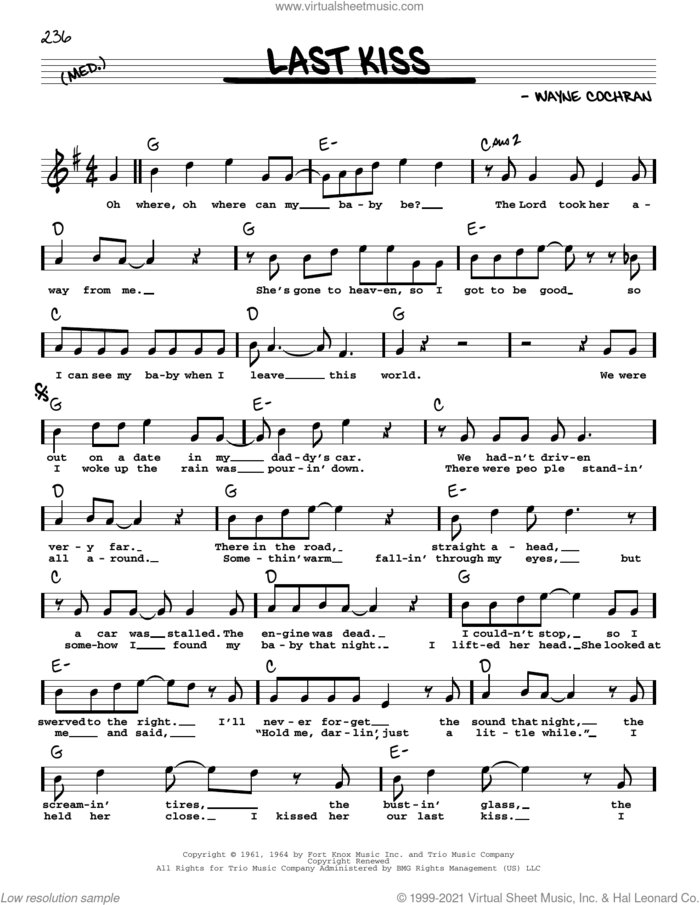 Last Kiss sheet music for voice and other instruments (real book with lyrics) by Wayne Cochran, J. Frank Wilson and Pearl Jam, intermediate skill level