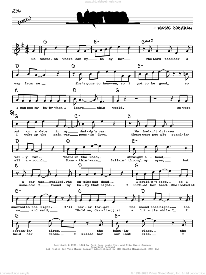 Last Kiss sheet music for voice and other instruments (real book with lyrics) by Wayne Cochran, J. Frank Wilson and Pearl Jam, intermediate skill level