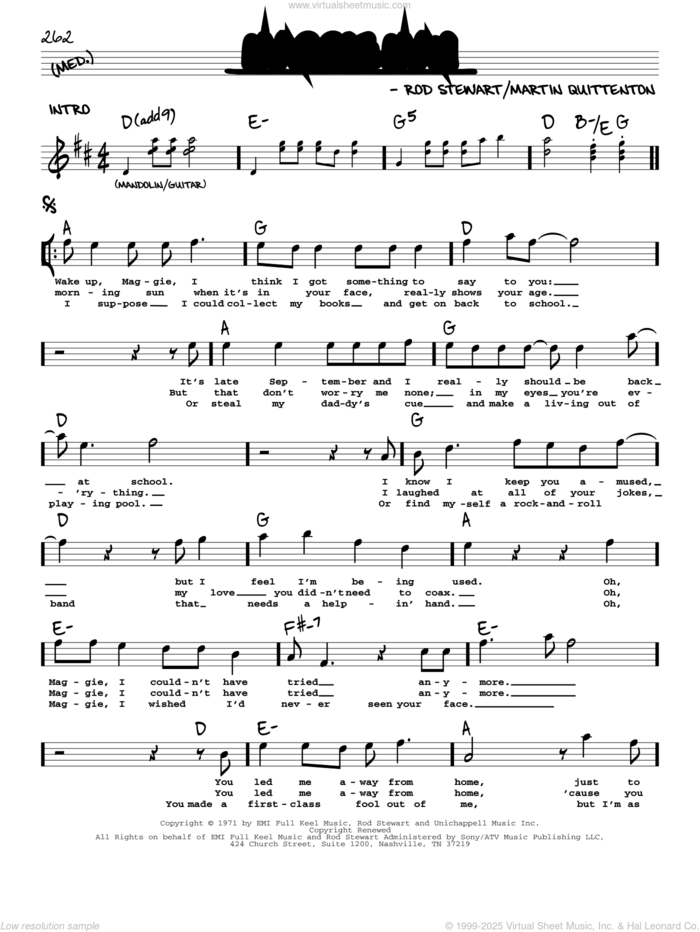 Maggie May sheet music for voice and other instruments (real book with lyrics) by Rod Stewart and Martin Quittenton, intermediate skill level