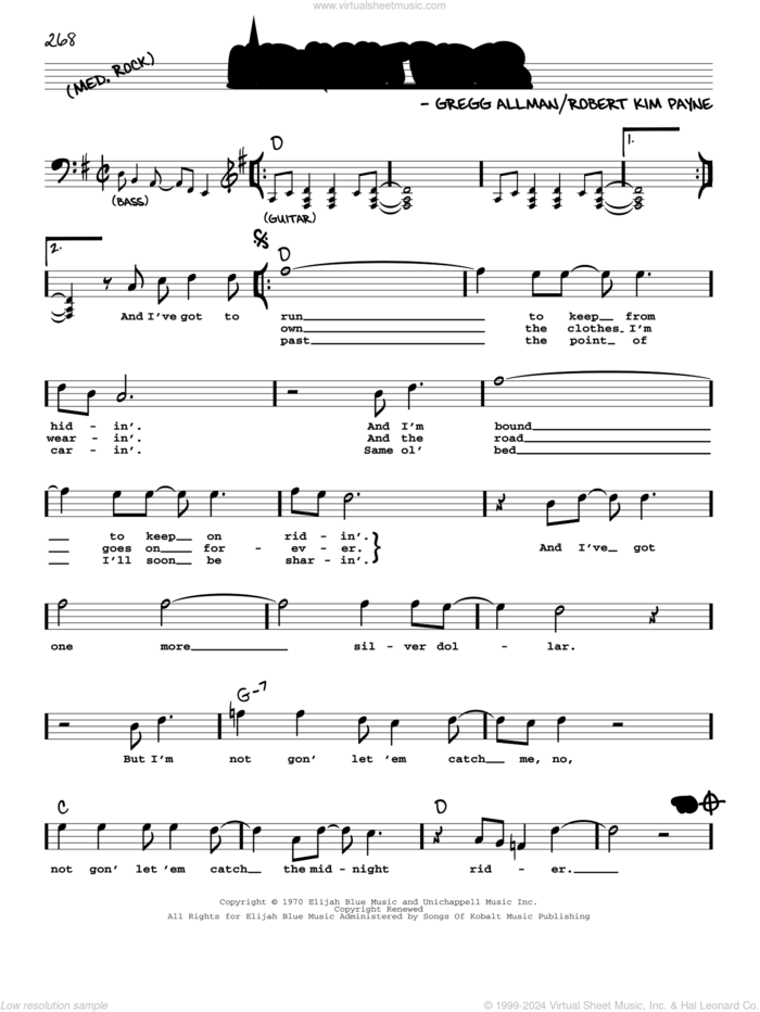 Midnight Rider sheet music for voice and other instruments (real book with lyrics) by The Allman Brothers Band, Gregg Allman and Robert Kim Payne, intermediate skill level