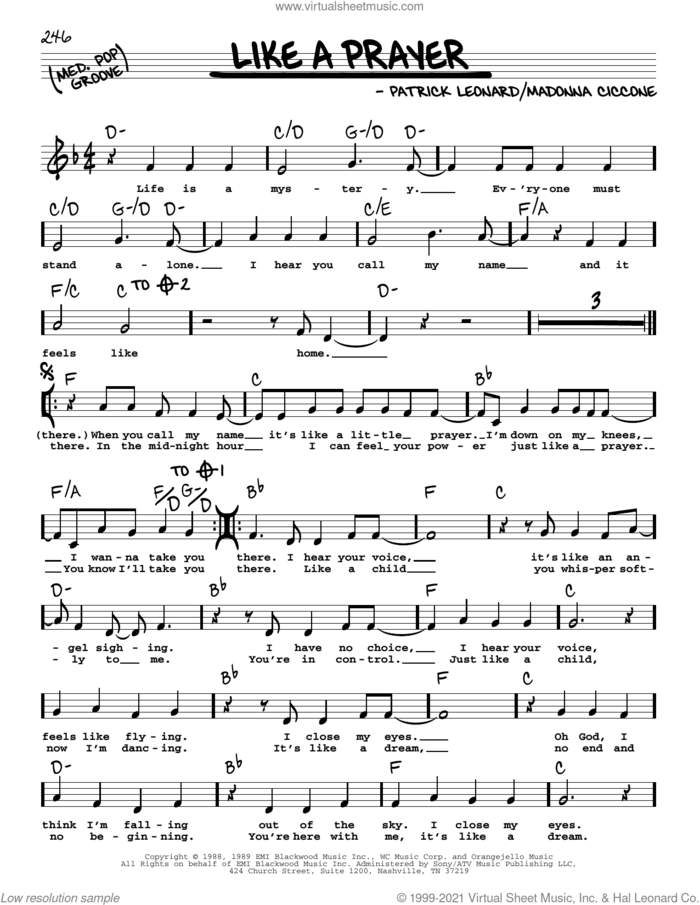 Like A Prayer sheet music for voice and other instruments (real book with lyrics) by Madonna and Patrick Leonard, intermediate skill level