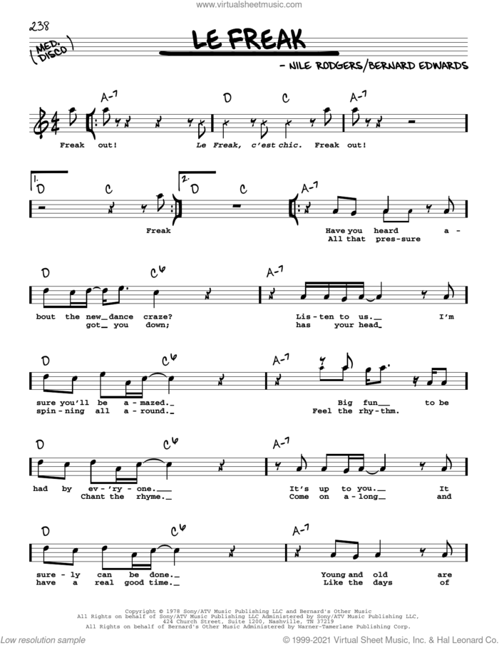 Le Freak sheet music for voice and other instruments (real book with lyrics) by Chic, Bernard Edwards and Nile Rodgers, intermediate skill level