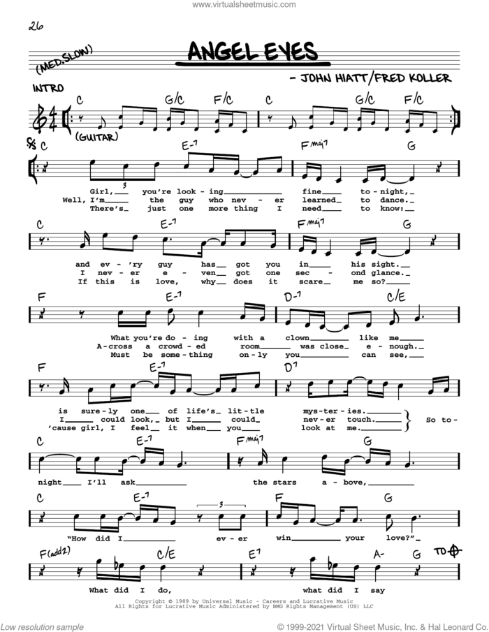 Angel Eyes sheet music for voice and other instruments (real book with lyrics) by John Hiatt and Fred Koller, intermediate skill level