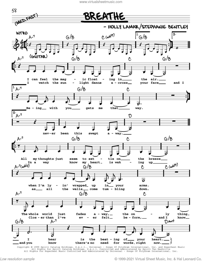 Breathe sheet music for voice and other instruments (real book with lyrics) by Faith Hill, Holly Lamar and Stephanie Bentley, intermediate skill level