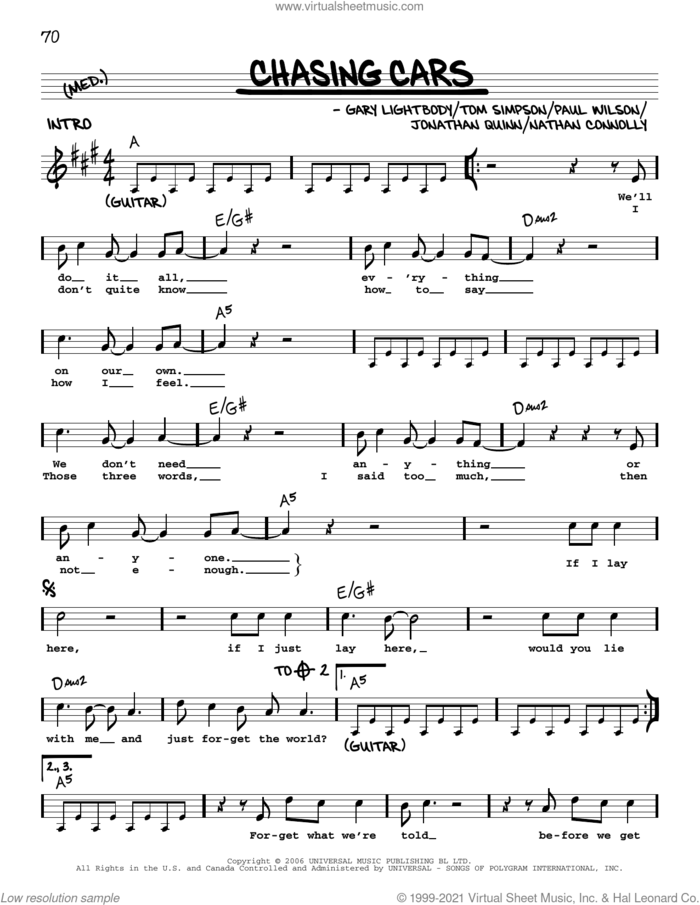 Chasing Cars sheet music for voice and other instruments (real book with lyrics) by Snow Patrol, Gary Lightbody, Jonathan Quinn, Nathan Connolly, Paul Wilson and Tom Simpson, intermediate skill level