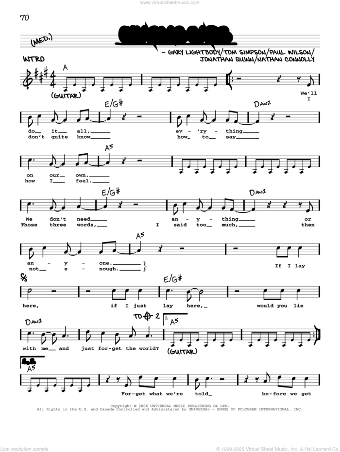 Chasing Cars sheet music for voice and other instruments (real book with lyrics) by Snow Patrol, Gary Lightbody, Jonathan Quinn, Nathan Connolly, Paul Wilson and Tom Simpson, intermediate skill level