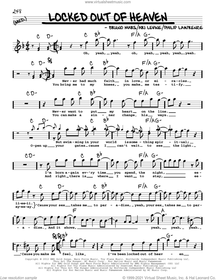 Locked Out Of Heaven sheet music for voice and other instruments (real book with lyrics) by Bruno Mars, Ari Levine and Philip Lawrence, intermediate skill level