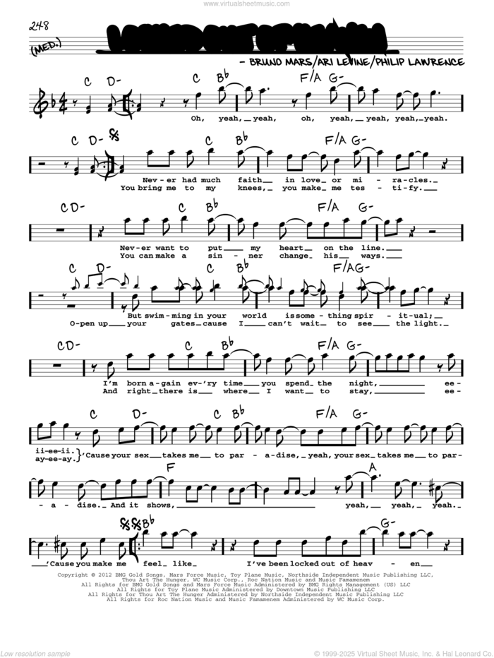 Locked Out Of Heaven sheet music for voice and other instruments (real book with lyrics) by Bruno Mars, Ari Levine and Philip Lawrence, intermediate skill level