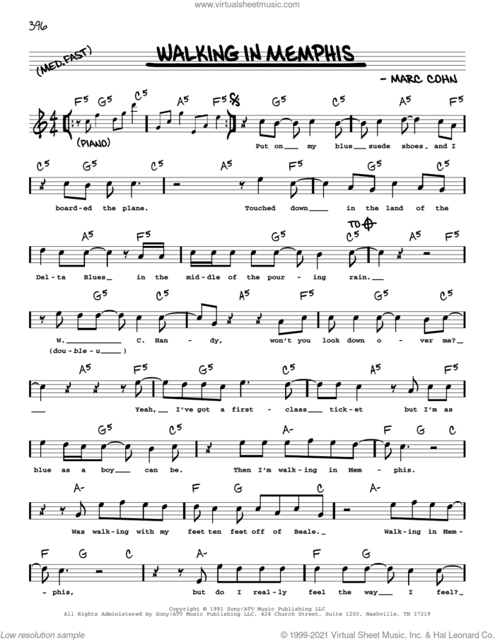 Walking In Memphis sheet music for voice and other instruments (real book with lyrics) by Marc Cohn and Lonestar, intermediate skill level