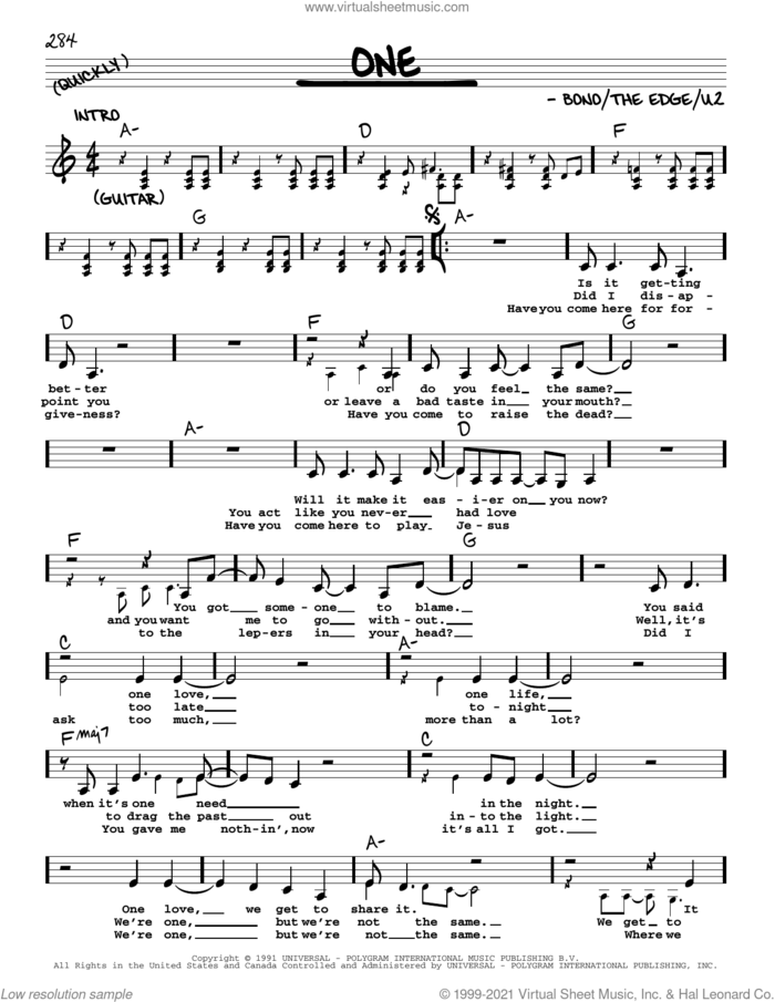 One sheet music for voice and other instruments (real book with lyrics) by U2, Bono and The Edge, intermediate skill level