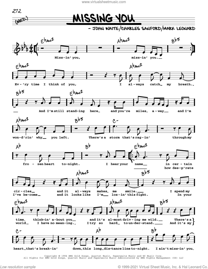 Missing You sheet music for voice and other instruments (real book with lyrics) by John Waite, Charles Sanford and Mark Leonard, intermediate skill level