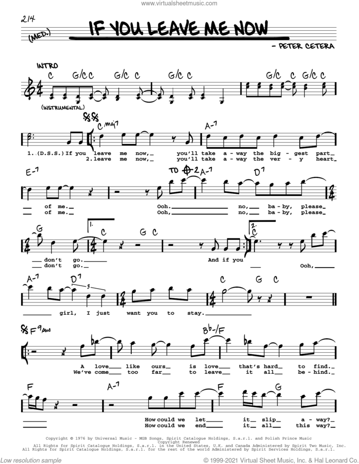 If You Leave Me Now sheet music for voice and other instruments (real book with lyrics) by Chicago and Peter Cetera, intermediate skill level