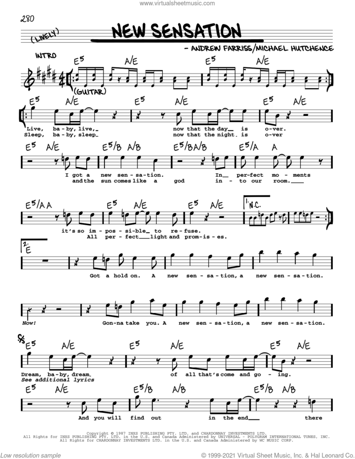 New Sensation sheet music for voice and other instruments (real book with lyrics) by INXS, Andrew Farriss and Michael Hutchence, intermediate skill level