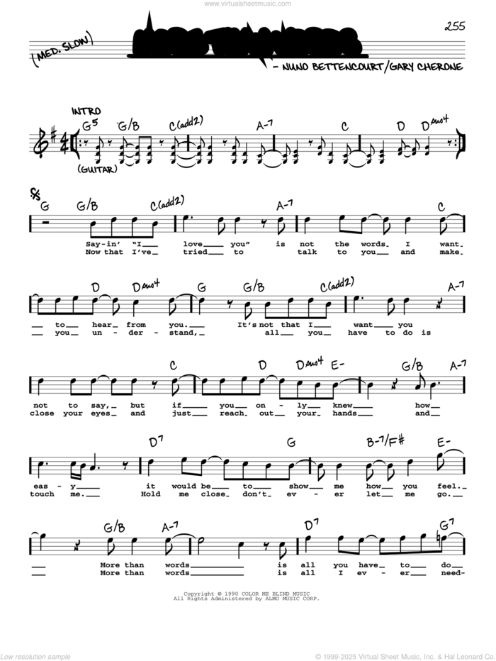 More Than Words sheet music for voice and other instruments (real book with lyrics) by Extreme, Gary Cherone and Nuno Bettencourt, intermediate skill level