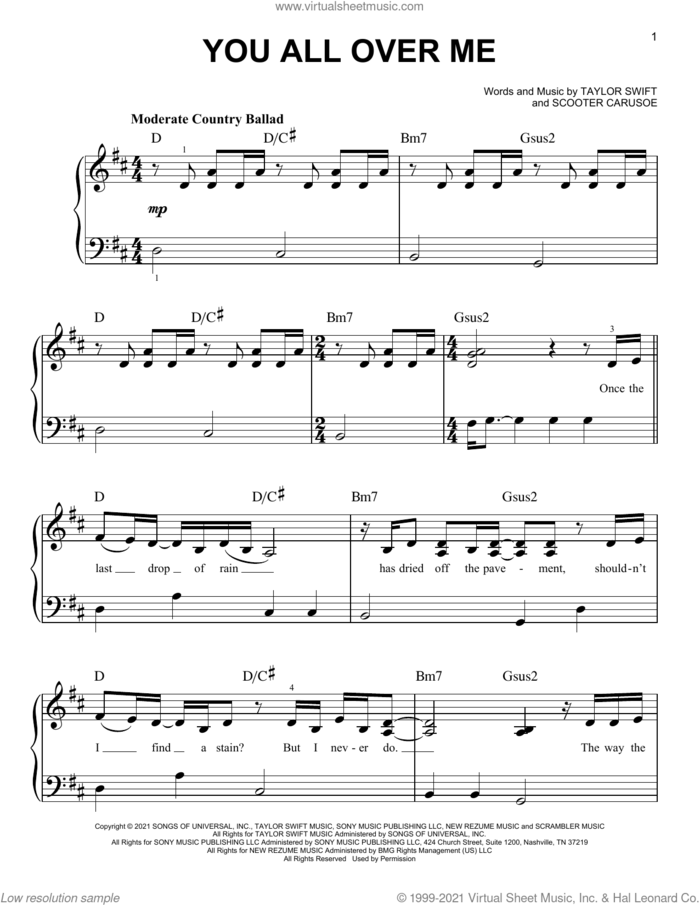 You All Over Me (feat. Maren Morris) (Taylor's Version) (From The Vault) sheet music for piano solo by Taylor Swift and Scooter Carusoe, easy skill level