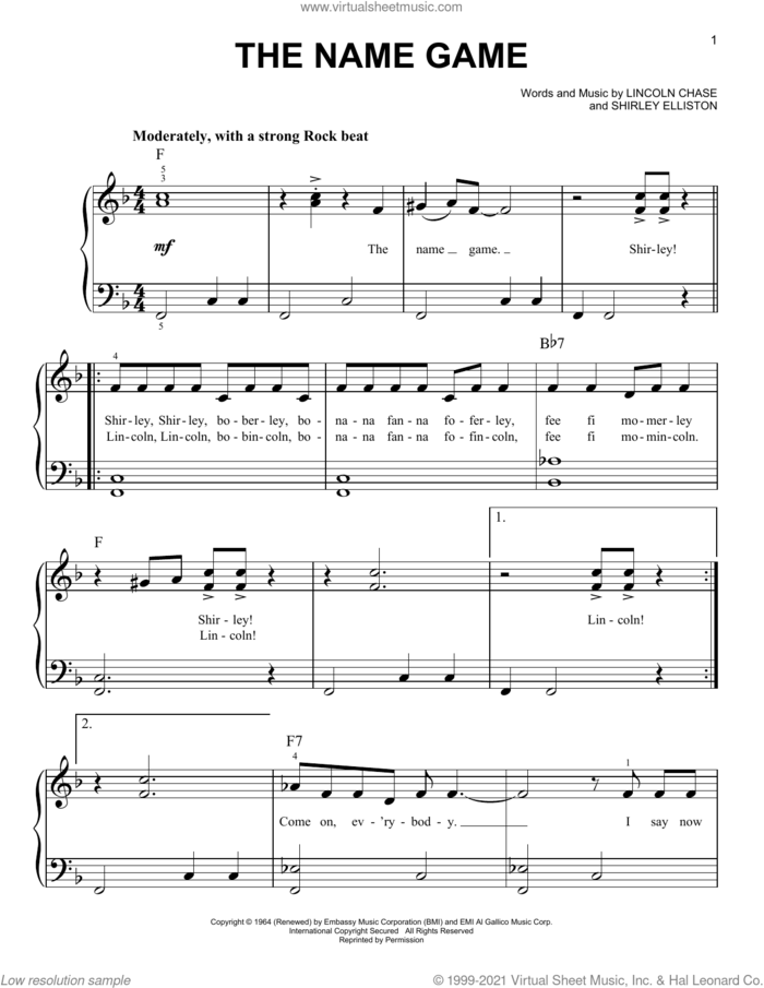 The Name Game sheet music for piano solo by Shirley Ellis, Lincoln Chase and Shirley Elliston, easy skill level