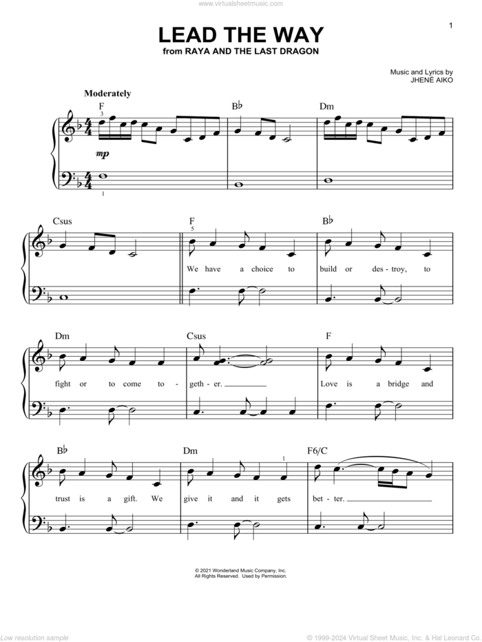 Lead The Way (from Disney's Raya And The Last Dragon) sheet music for piano solo by Jhené Aiko, easy skill level