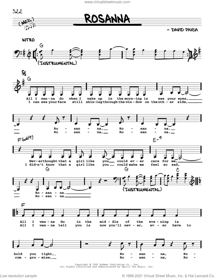Rosanna sheet music for voice and other instruments (real book with lyrics) by Toto and David Paich, intermediate skill level