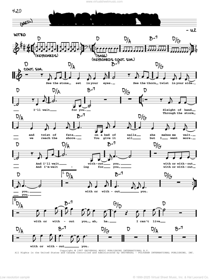 With Or Without You sheet music for voice and other instruments (real book with lyrics) by U2, intermediate skill level