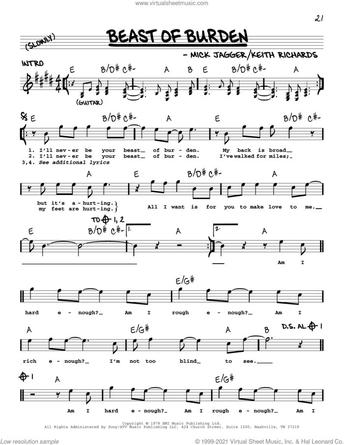 Beast Of Burden sheet music for voice and other instruments (real book with lyrics) by The Rolling Stones, Keith Richards and Mick Jagger, intermediate skill level