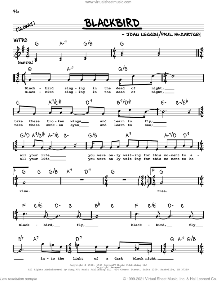 Blackbird sheet music for voice and other instruments (real book with lyrics) by The Beatles, John Lennon and Paul McCartney, intermediate skill level