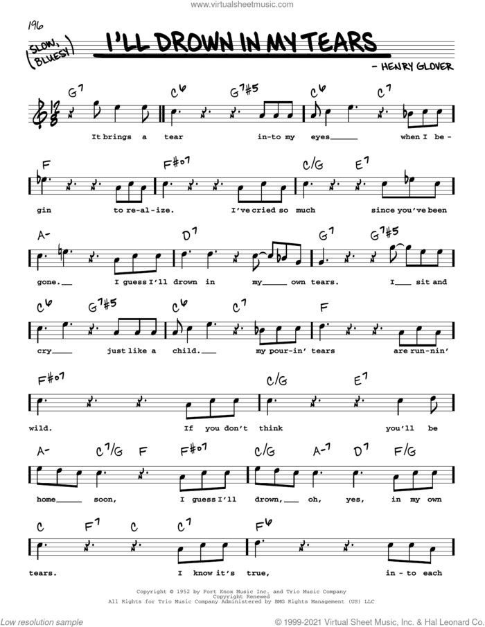 I'll Drown In My Tears sheet music for voice and other instruments (real book with lyrics) by Henry Glover, Joe Cocker and Ray Charles, intermediate skill level