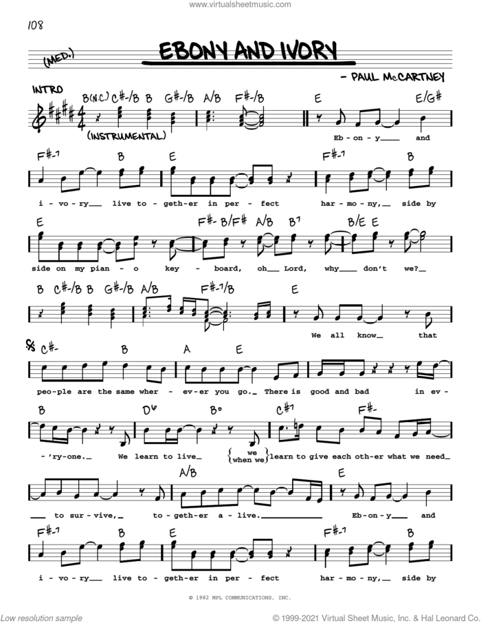 Ebony And Ivory sheet music for voice and other instruments (real book with lyrics) by Paul McCartney, intermediate skill level