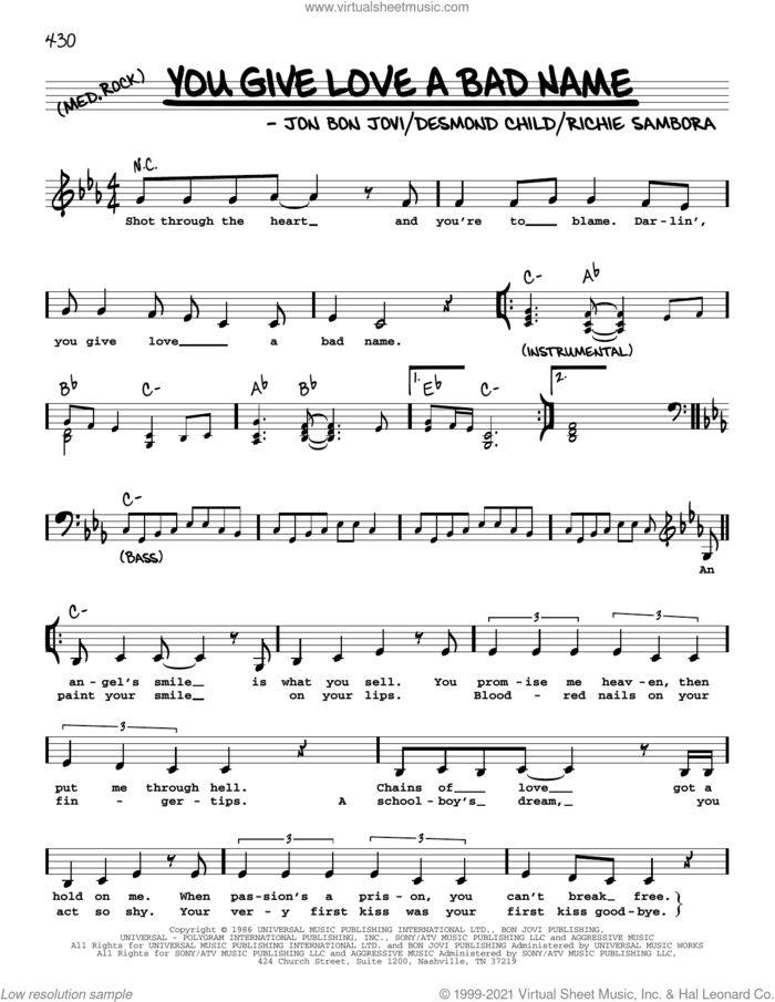 You Give Love A Bad Name sheet music for voice and other instruments (real book with lyrics) by Bon Jovi, Desmond Child and Richie Sambora, intermediate skill level