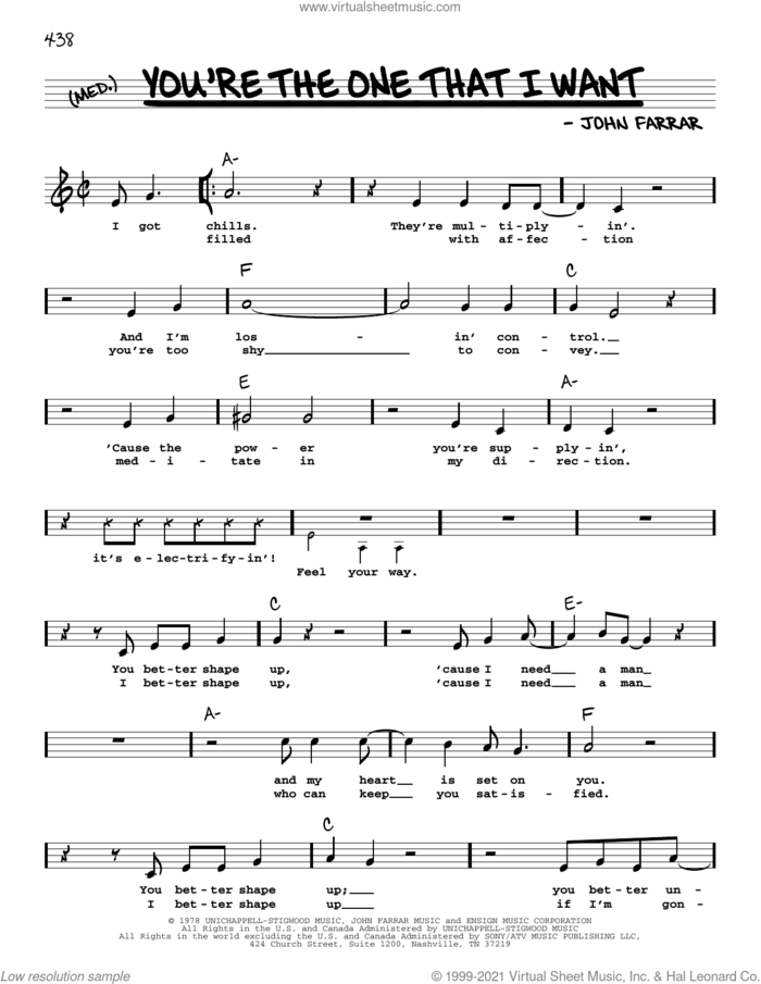 You're The One That I Want sheet music for voice and other instruments (real book with lyrics) by Olivia Newton-John and John Travolta and John Farrar, intermediate skill level