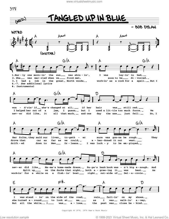 Tangled Up In Blue sheet music for voice and other instruments (real book with lyrics) by Bob Dylan, intermediate skill level