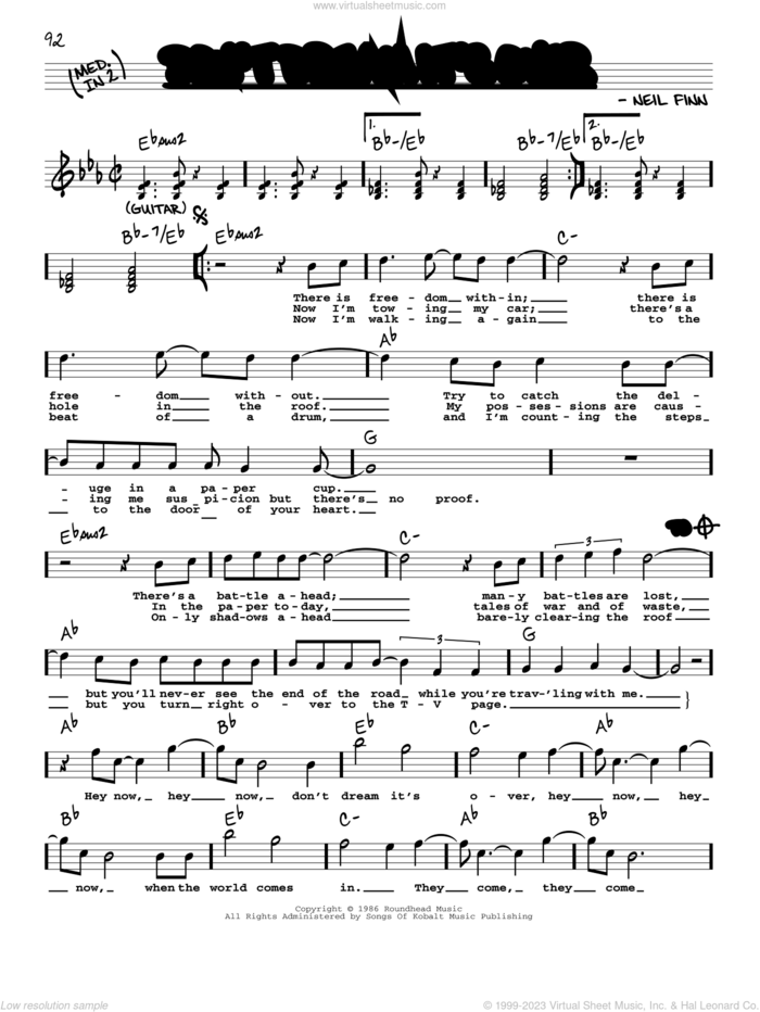 Don't Dream It's Over sheet music for voice and other instruments (real book with lyrics) by Crowded House, Donny Osmond and Neil Finn, intermediate skill level