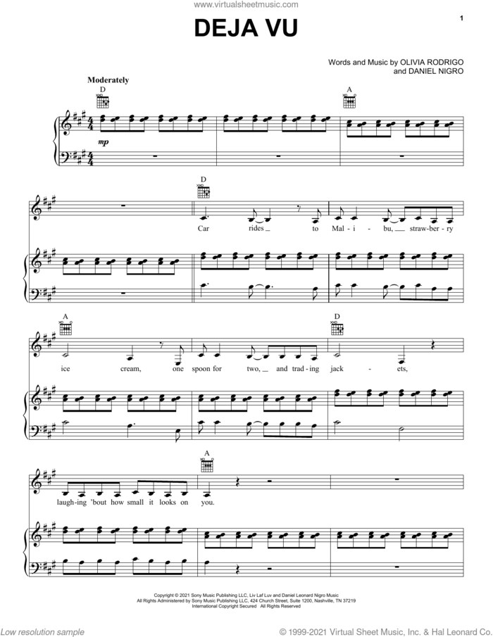 deja vu sheet music for voice, piano or guitar by Olivia Rodrigo and Daniel Nigro, intermediate skill level