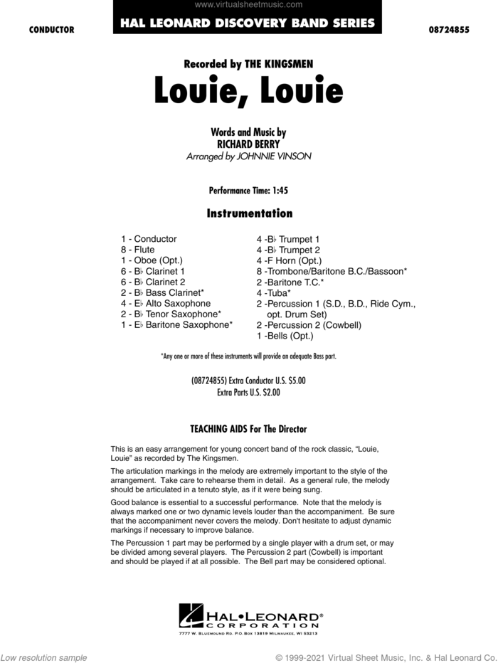 Louie, Louie (arr. Johnnie Vinson) (COMPLETE) sheet music for concert band by Johnnie Vinson, Richard Berry and The Kingsman, intermediate skill level