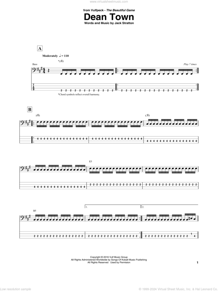 Dean Town sheet music for bass (tablature) (bass guitar) by Vulfpeck and Jack Stratton, intermediate skill level